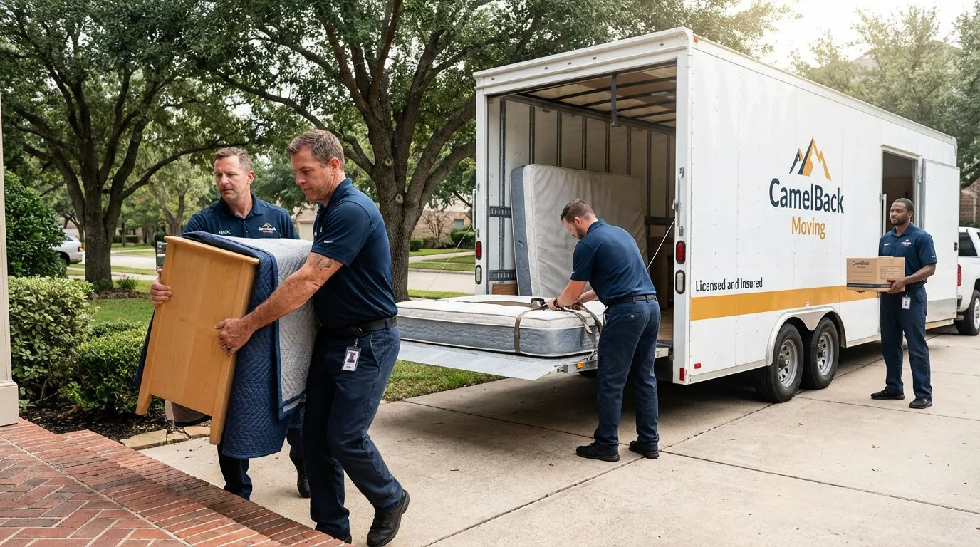 Crew loading residential truck for cross-state move from Paris, ID