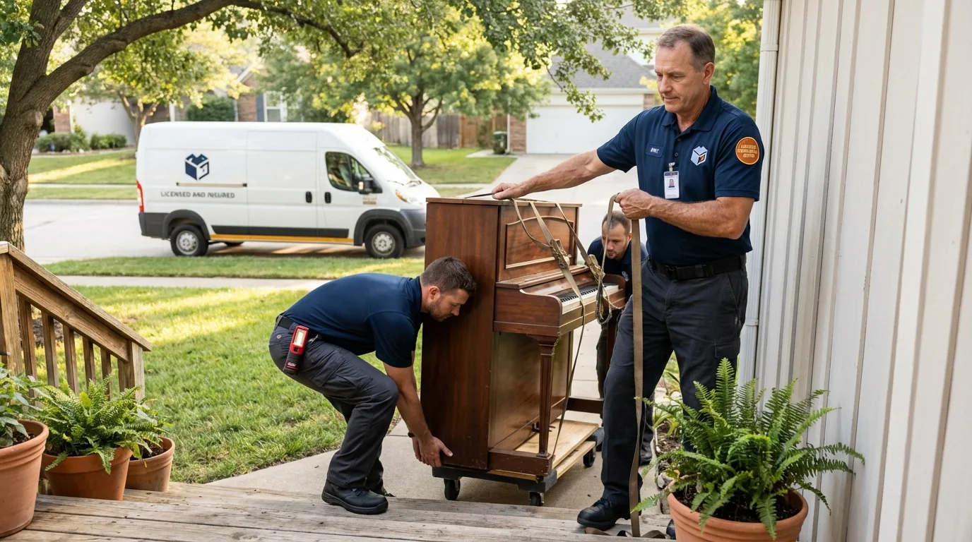 Licensed piano movers securing grand piano in Paris, ID
