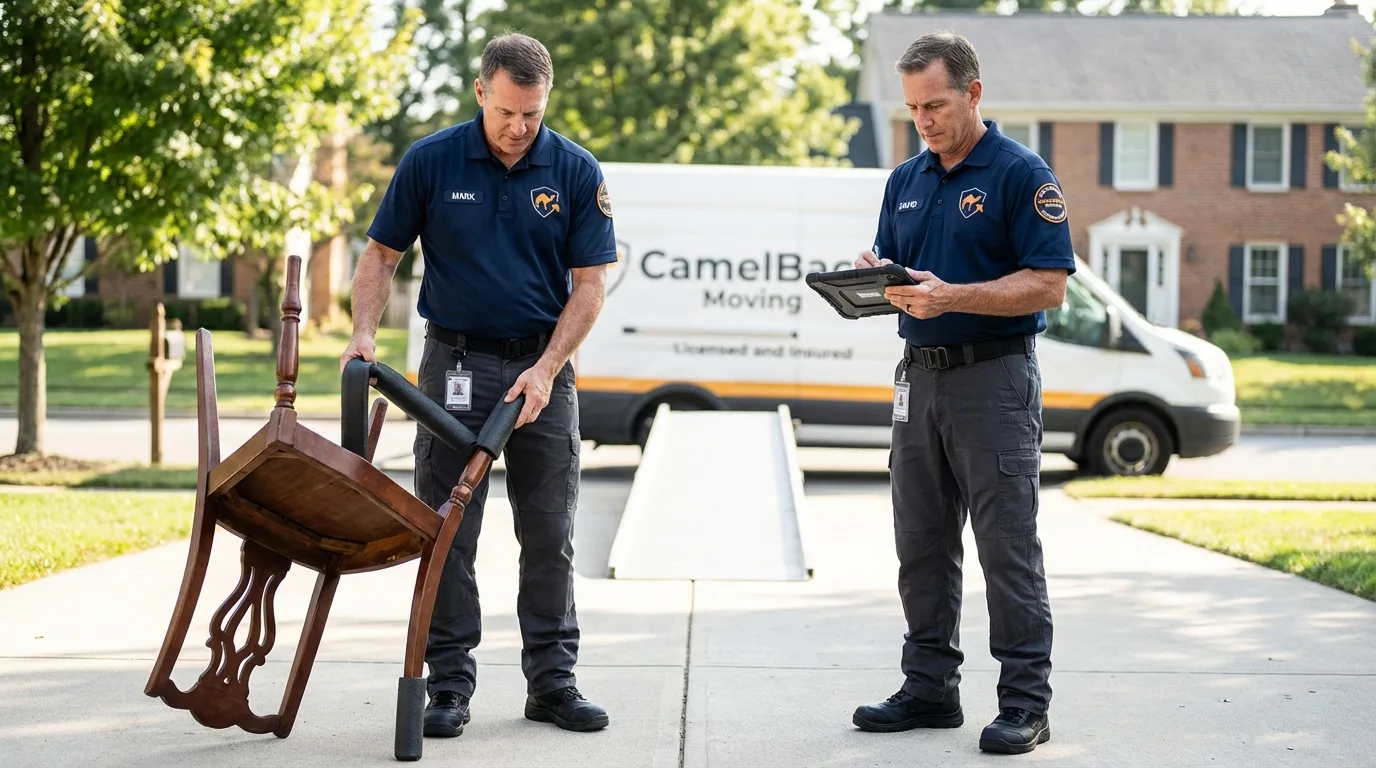 Movers inspecting furniture for damage prevention before loading in Paris, ID