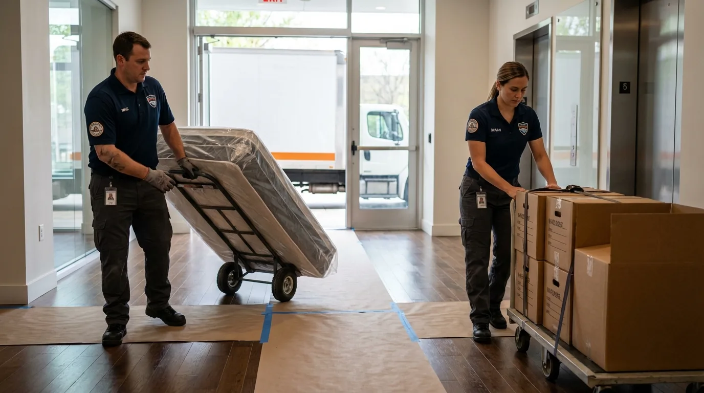 Professional apartment movers loading elevator in Paris, ID