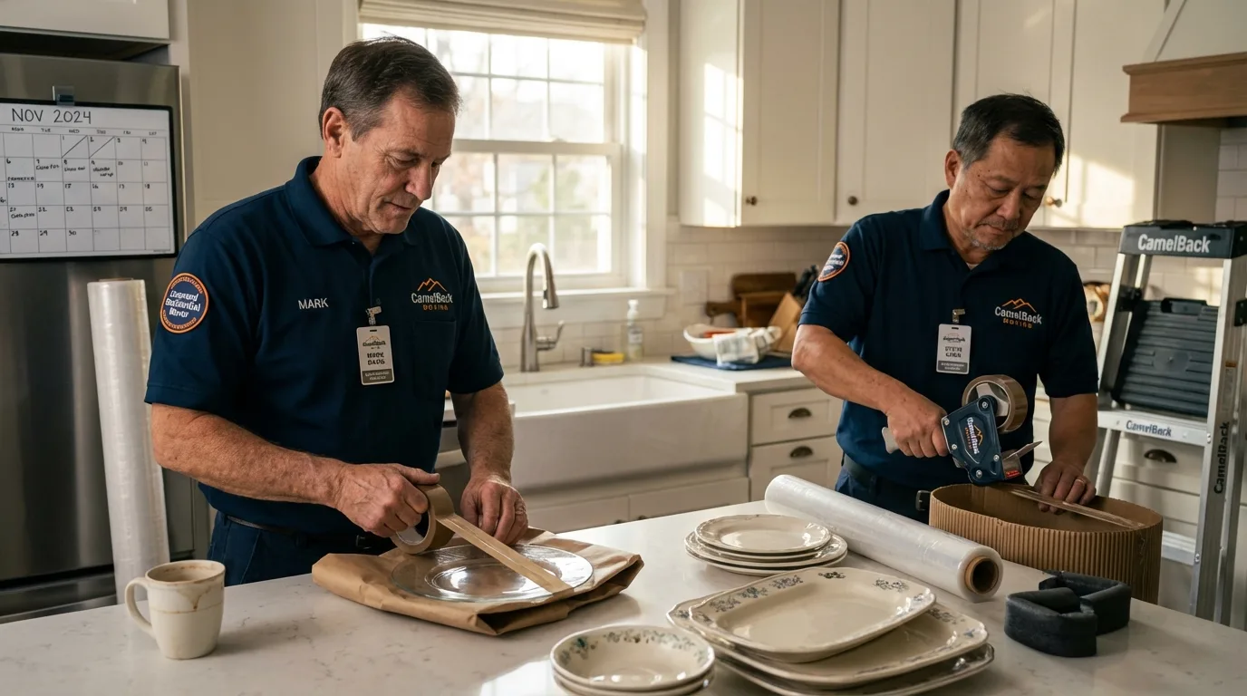 Professional crew packing kitchen dishware in Paris, ID